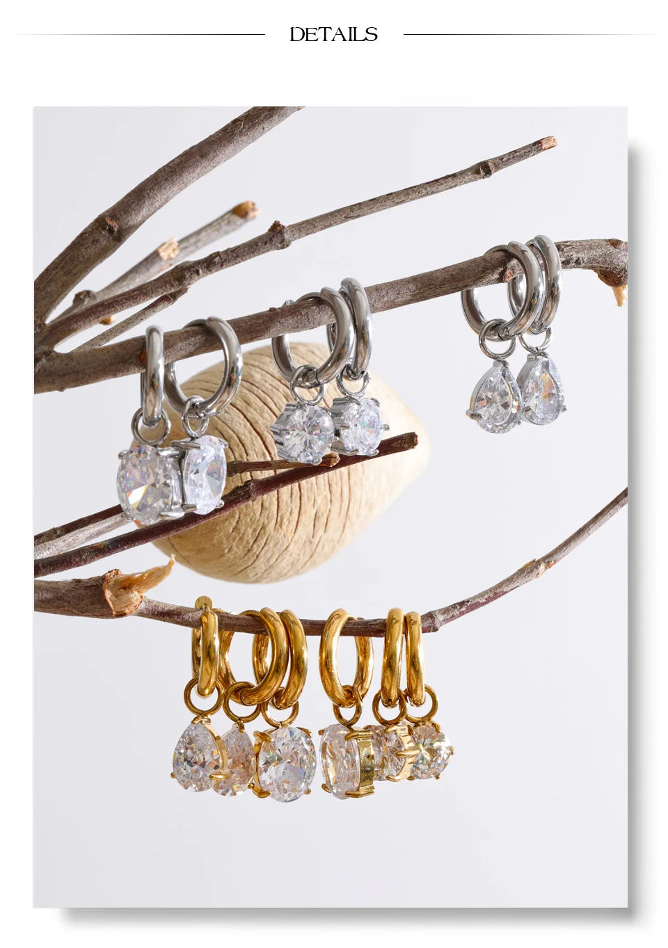 Cubic Zirconia Geometric Earrings — Gold-Plated Stainless Steel with Cubic Zirconia · PS1881