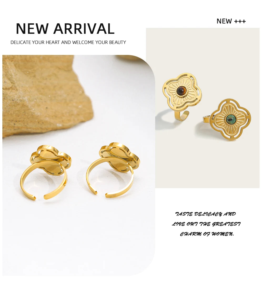 Ring Natural Stone Inlaid In Metal Texture Flowers — 316L Stainless Steel · PS461