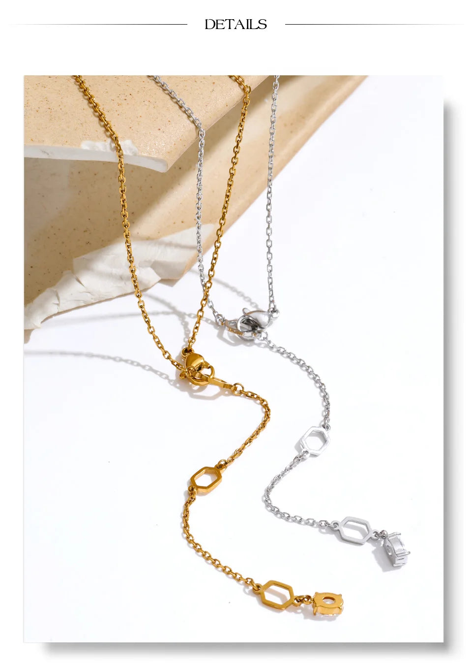 Cubic zirconia geometric necklace in gold-plated stainless steel with cubic zirconia.