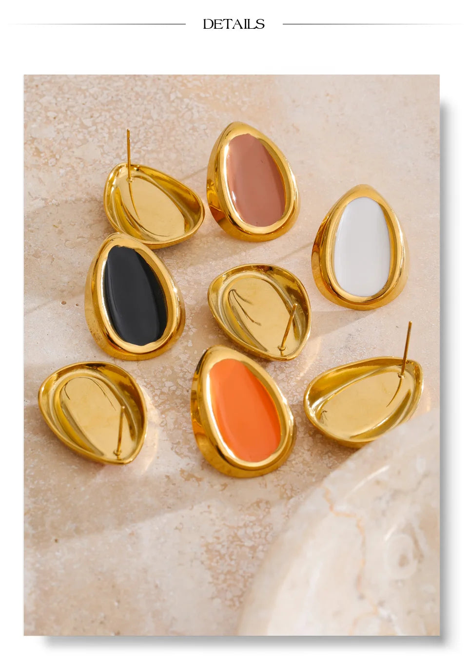 Enamel multi-color geometric earrings in gold-plated stainless steel with enamel.