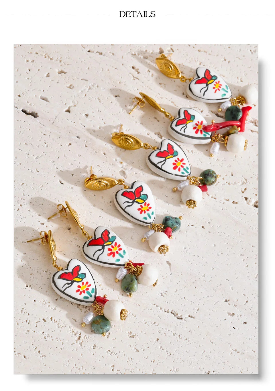 Pearl natural stone heart earrings in gold-plated stainless steel with pearl and natural stone.