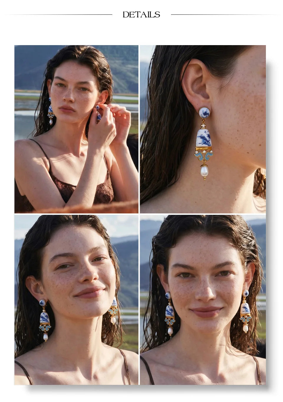 Pearl resin flower earrings in gold-plated stainless steel with pearl and resin.