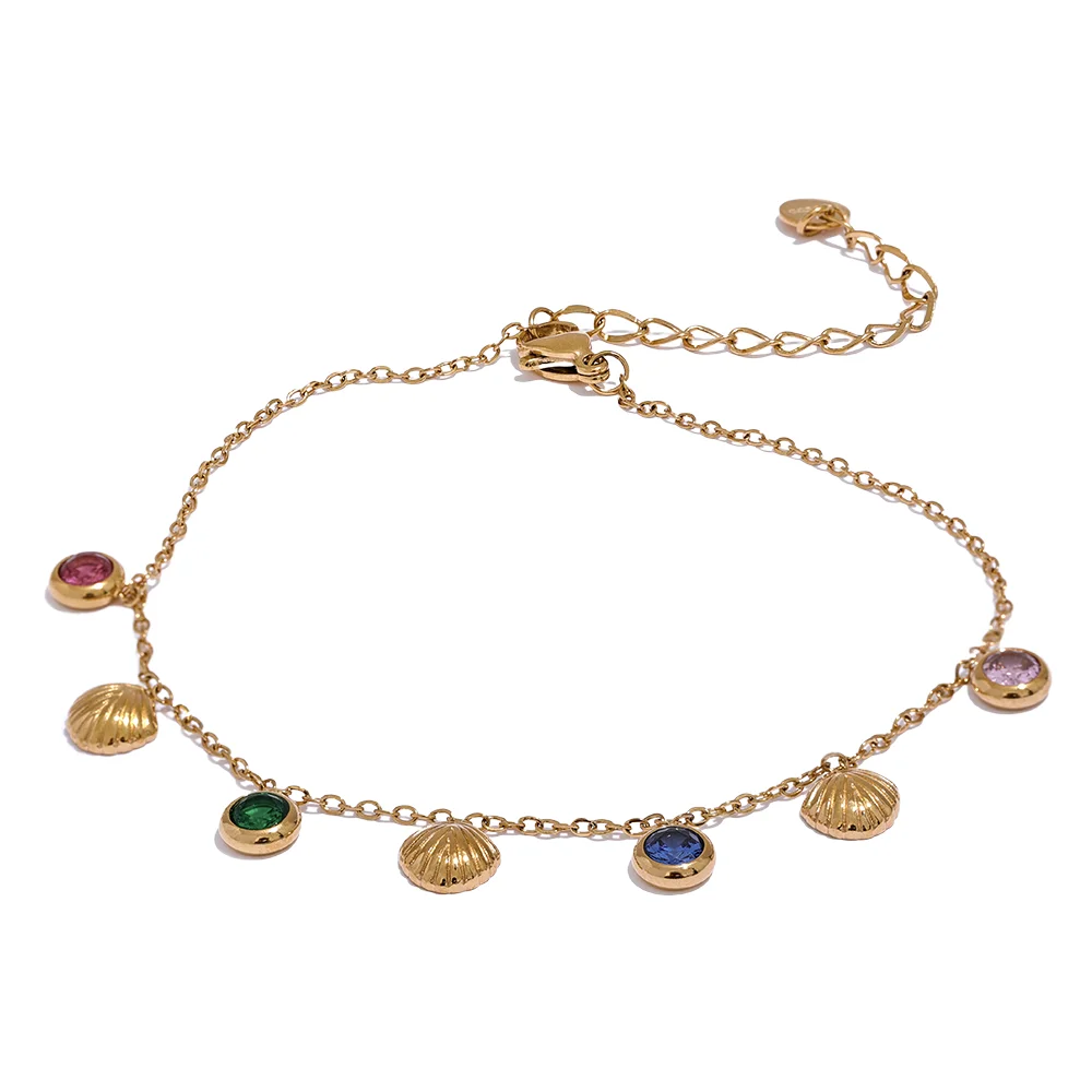 Gold-plated anklet with multicolored stones and shells.