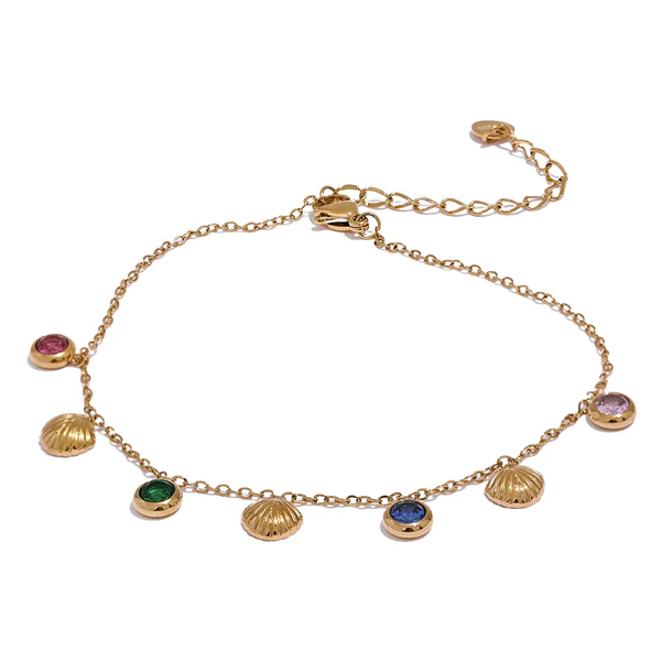 Gold-plated anklet with multicolored stones and shells.