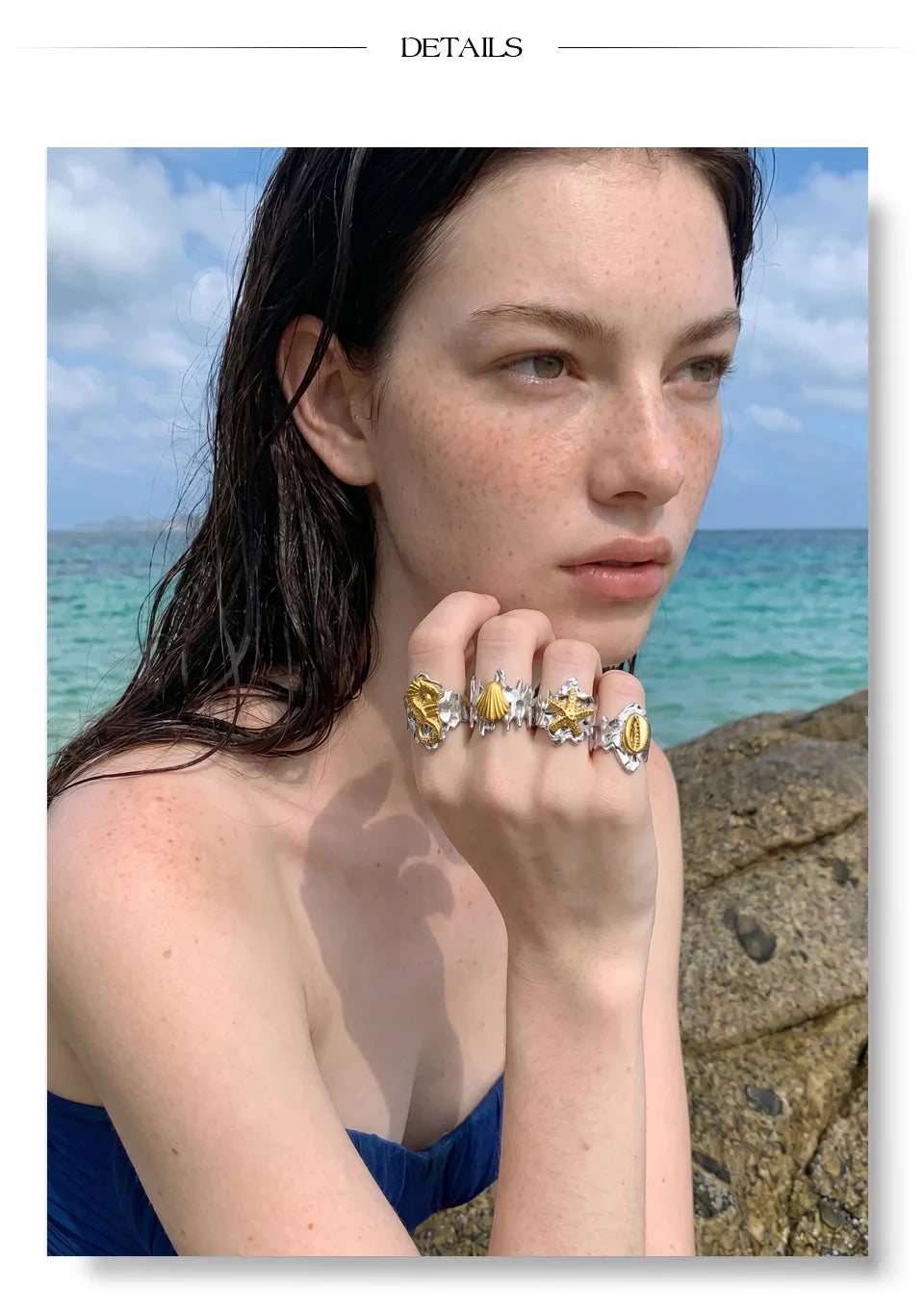 Shell star geometric ring in 18K gold-plated stainless steel with shell.