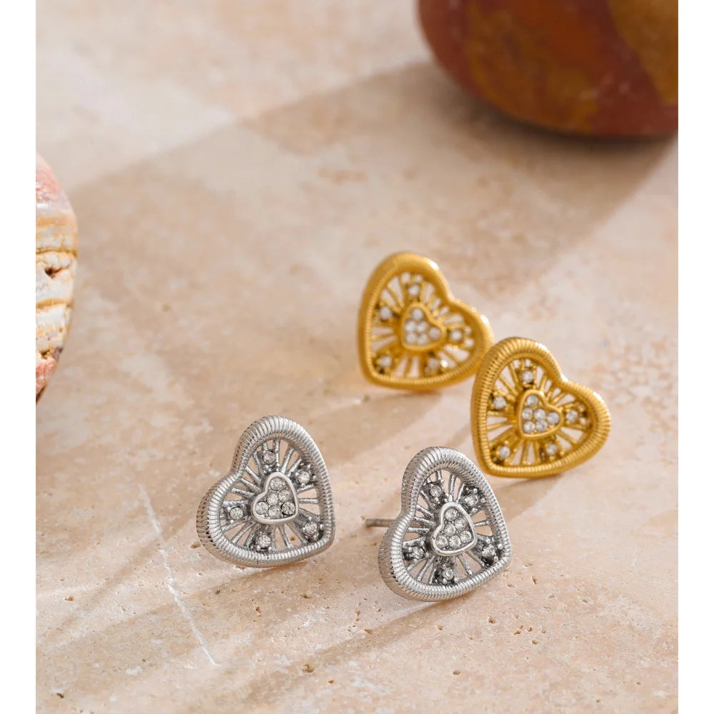 Cubic Zirconia Heart Earrings — Gold-Plated Stainless Steel with Cubic Zirconia · PS929
