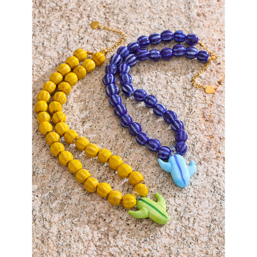 Blue Beaded Geometric Necklace — Gold-Plated Stainless Steel · PS2266
