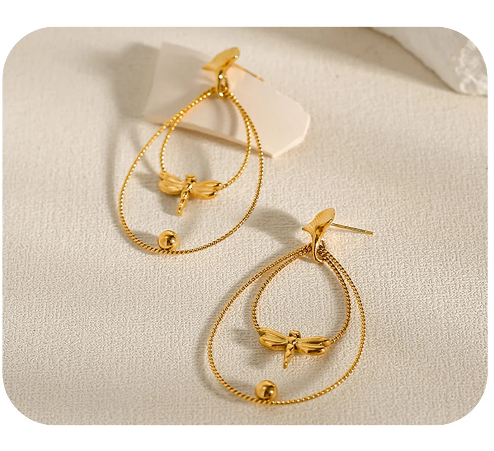Drop Earrings Dragonfly Ginkgo Leaf — 316L Stainless Steel · PS395