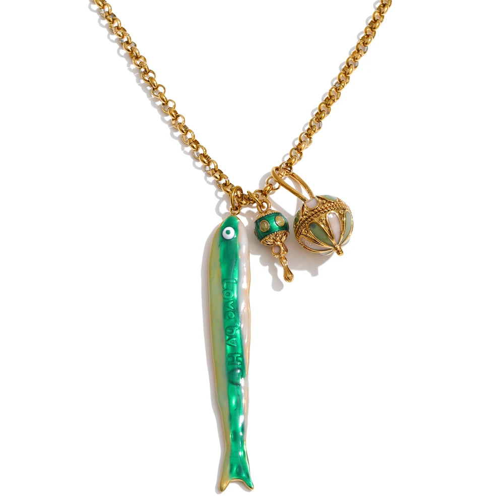 Enamel geometric chain necklace in gold-plated stainless steel with enamel.