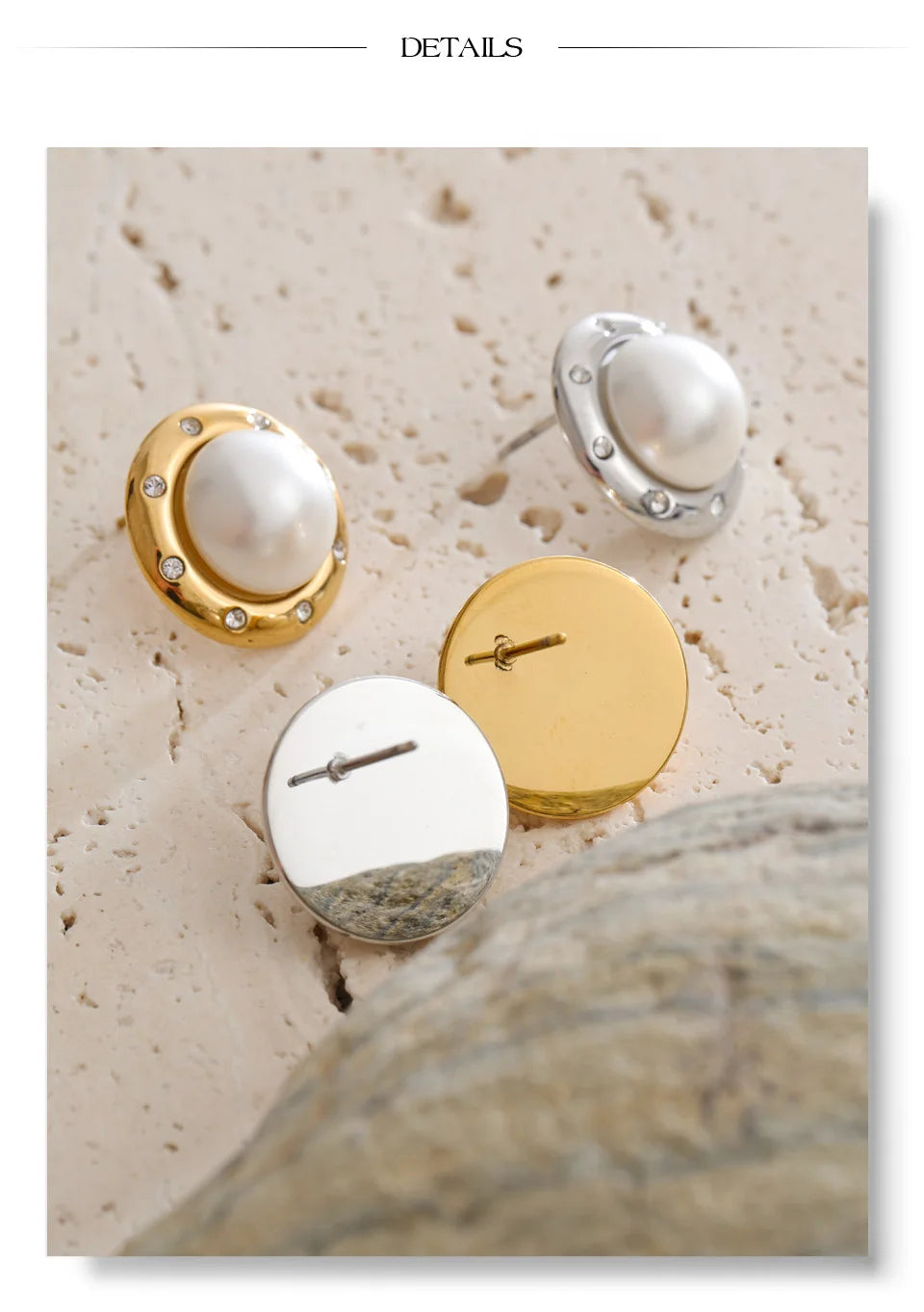 Cubic Zirconia Pearl Geometric Earrings — Gold-Plated Stainless Steel with Pearl and Cubic Zirconia · PS1536