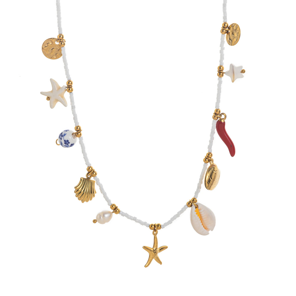 Bohemian Beach Shell Necklace Imitation Pearl Sea Star Conch Pendant Necklace Jewelry Gold Plated