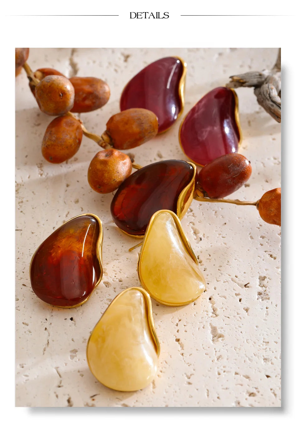 Red resin acrylic earrings in gold-plated stainless steel with resin and acrylic.