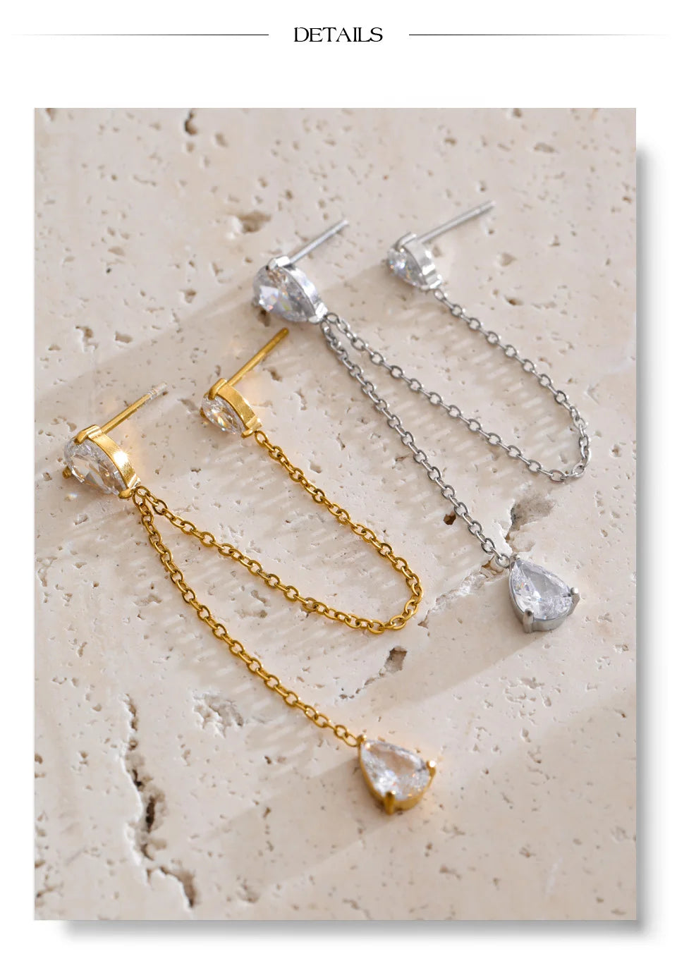 Cubic zirconia chain earrings in gold-plated stainless steel with cubic zirconia.