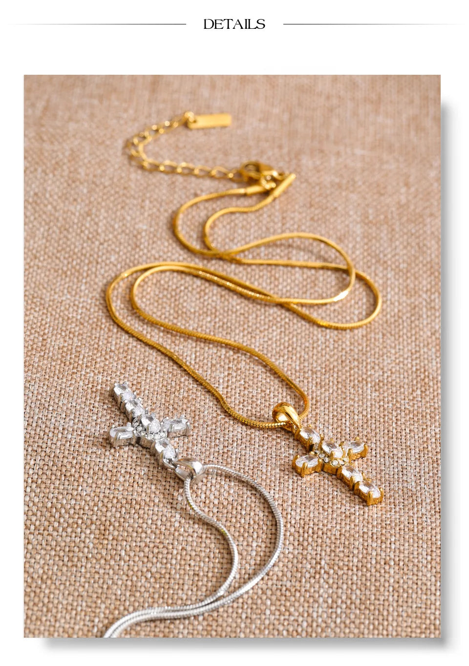 Cubic zirconia cross necklace in gold-plated stainless steel with cubic zirconia.