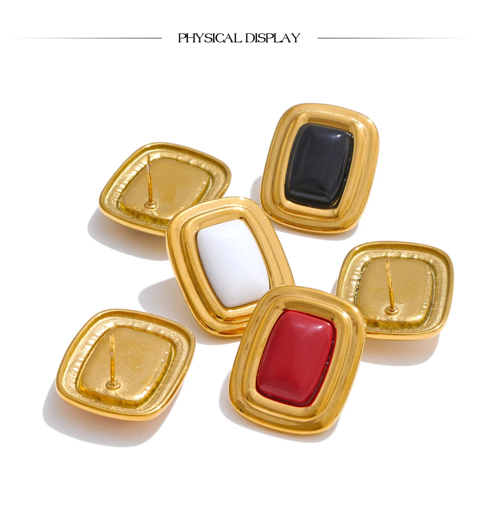 Black Natural Stone Geometric Earrings — Gold-Plated Stainless Steel with Natural Stone · PS1596