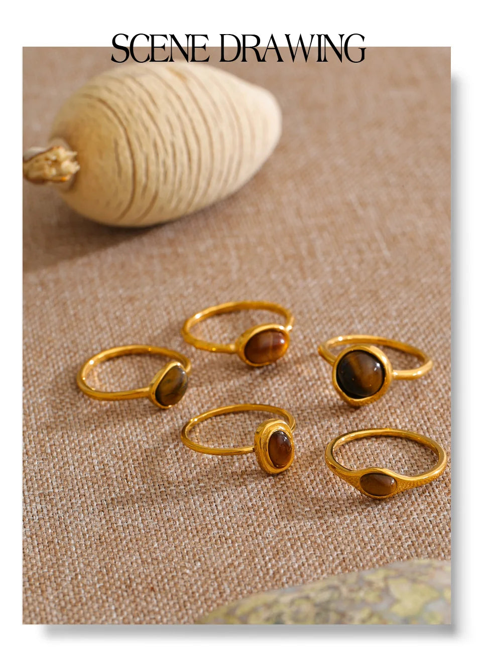 Natural stone geometric ring in 18K gold-plated stainless steel with natural stone.