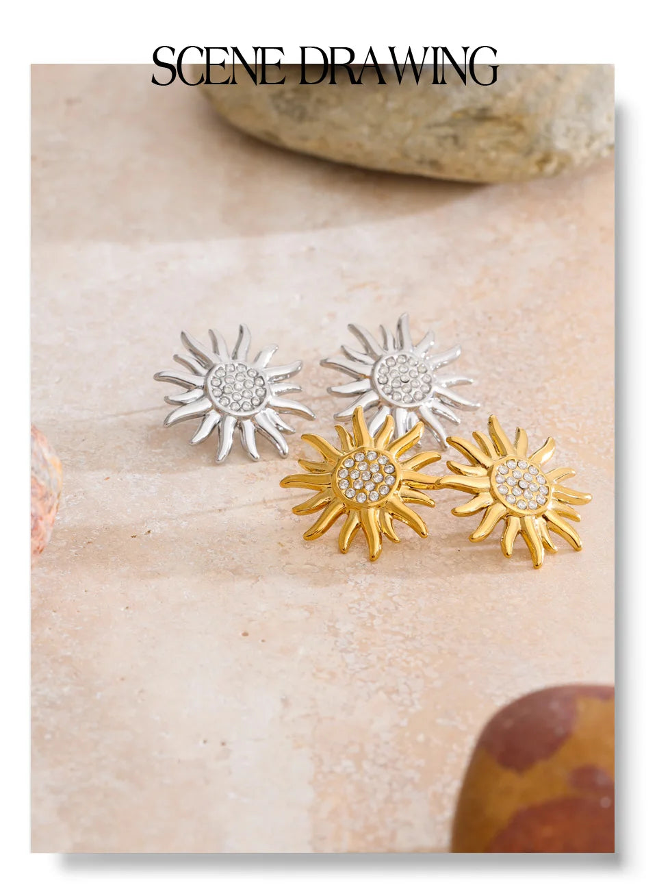 Cubic Zirconia Sun Geometric Earrings — Gold-Plated Stainless Steel with Cubic Zirconia · PS928
