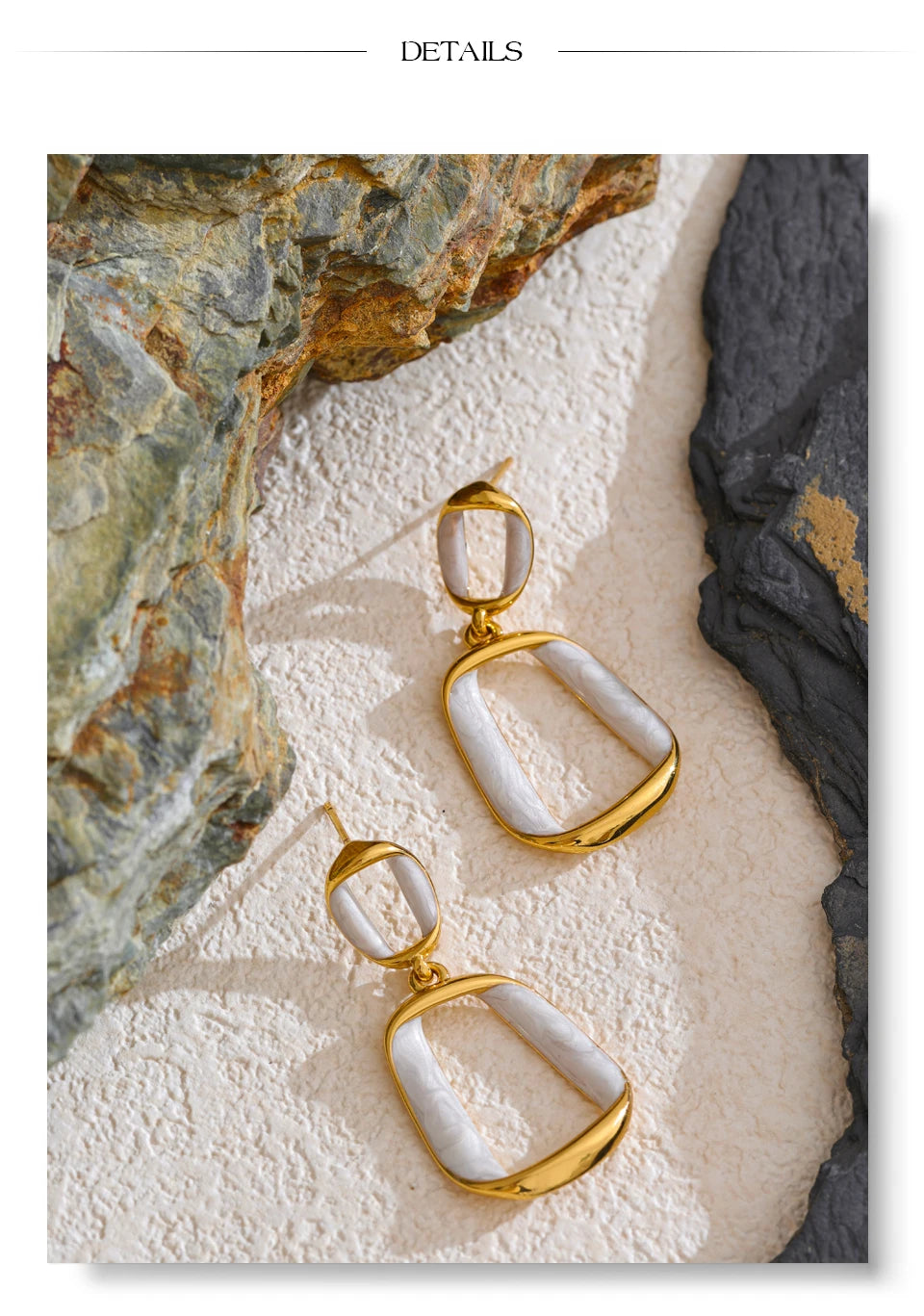 White enamel geometric earrings in gold-plated stainless steel with enamel.