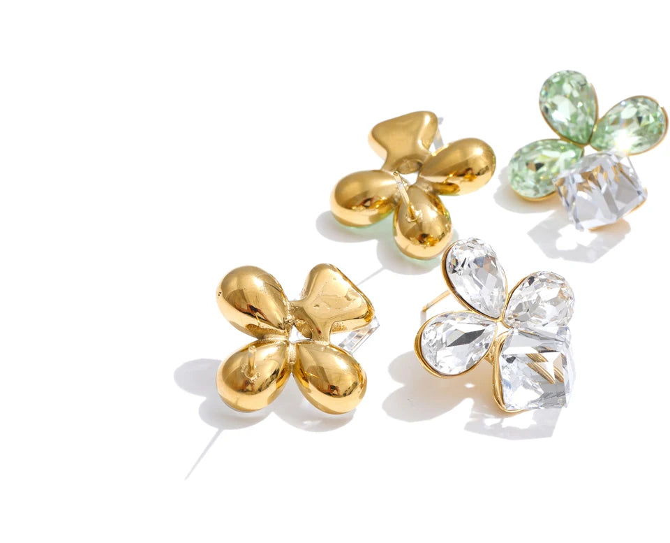 Crystal Flower Geometric Earrings — Gold-Plated Stainless Steel with Crystal · PS1534