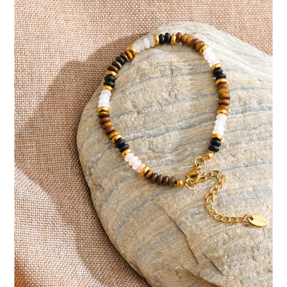 Natural Stone Beaded Geometric Bracelet — Gold-Plated Stainless Steel with Natural Stone · PS1094