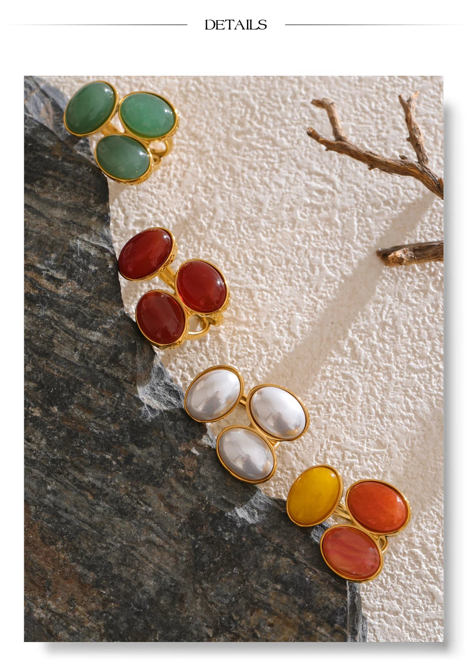 Pearl shell natural stone ring in 18K gold-plated stainless steel with pearl and natural stone.