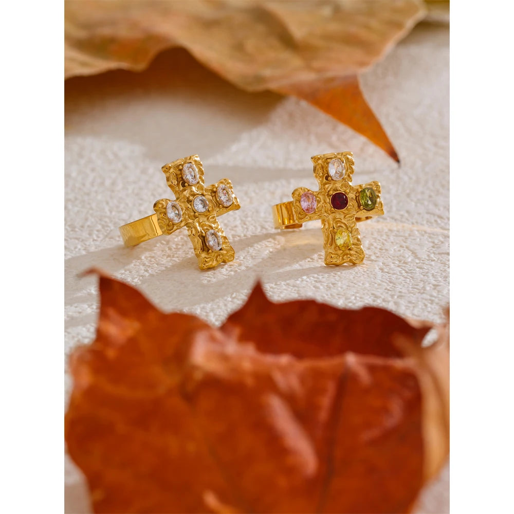 Cubic zirconia cross multi-color ring in 18K gold-plated stainless steel with cubic zirconia.
