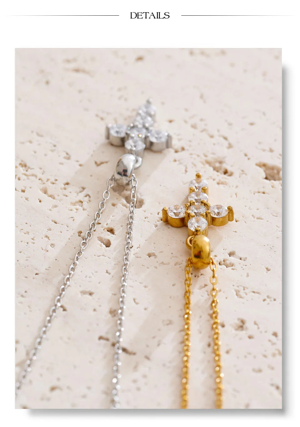Cubic zirconia cross necklace in gold-plated stainless steel with cubic zirconia.
