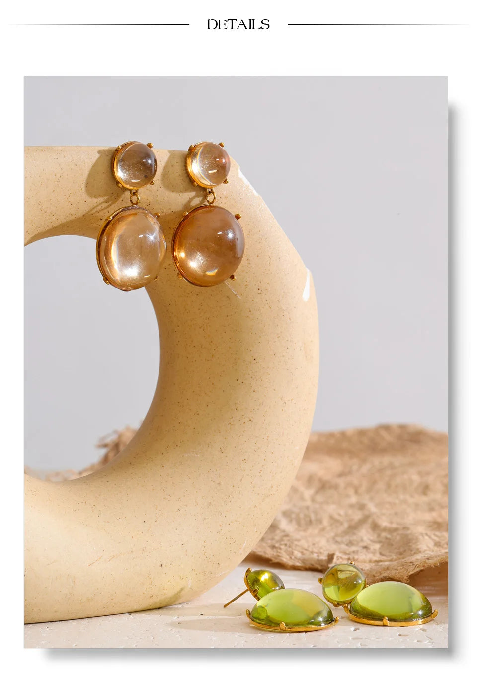 Green resin acrylic earrings in gold-plated stainless steel with resin and acrylic.