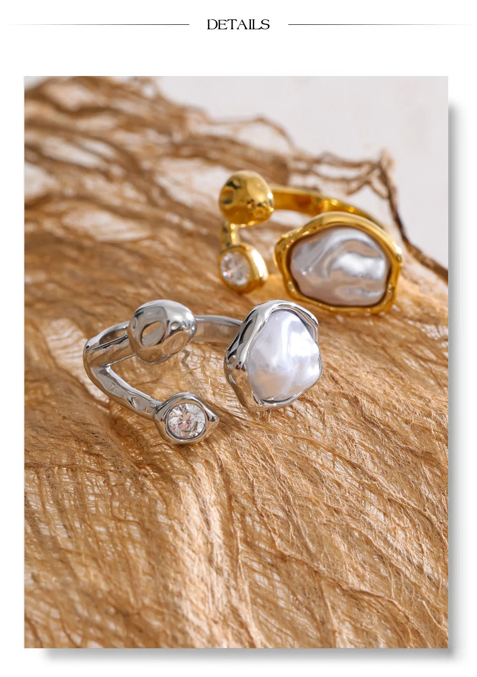 Cubic zirconia pearl geometric ring in gold-plated stainless steel with pearl and cubic zirconia.