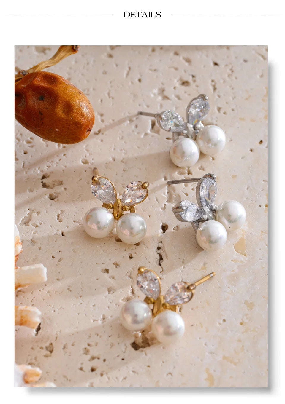 Cubic Zirconia Pearl Butterfly Earrings — Gold-Plated Stainless Steel with Pearl and Cubic Zirconia · PS1342