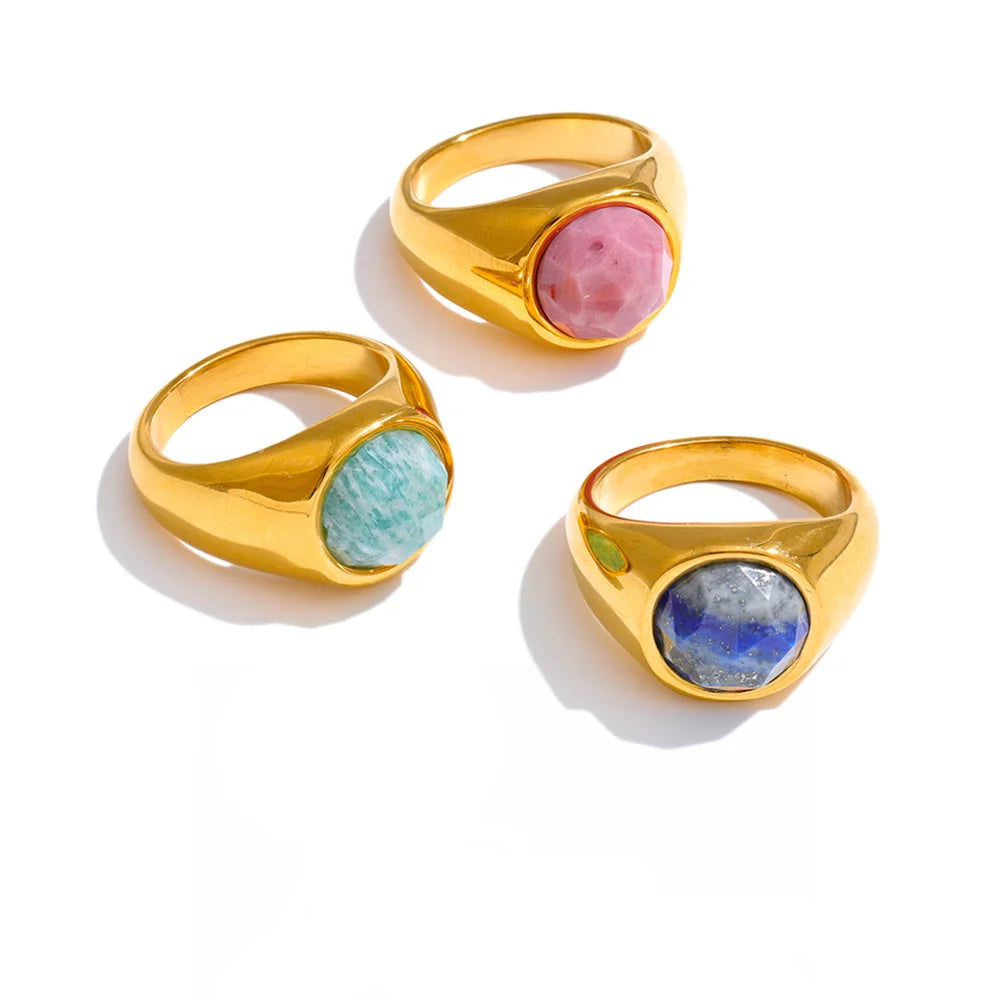 Ring made of 18k gold-plated stainless steel with natural stone, showcasing a unique design with three different colored stones in each ring.