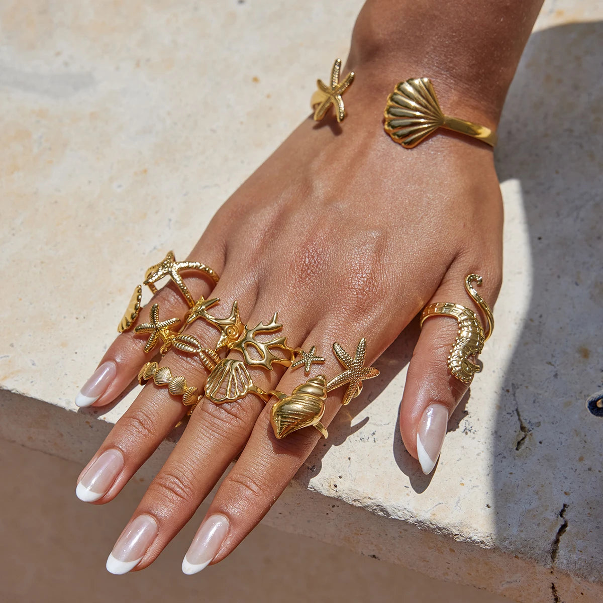 Ocean Shell Ring Stack — Stainless Steel · PS239