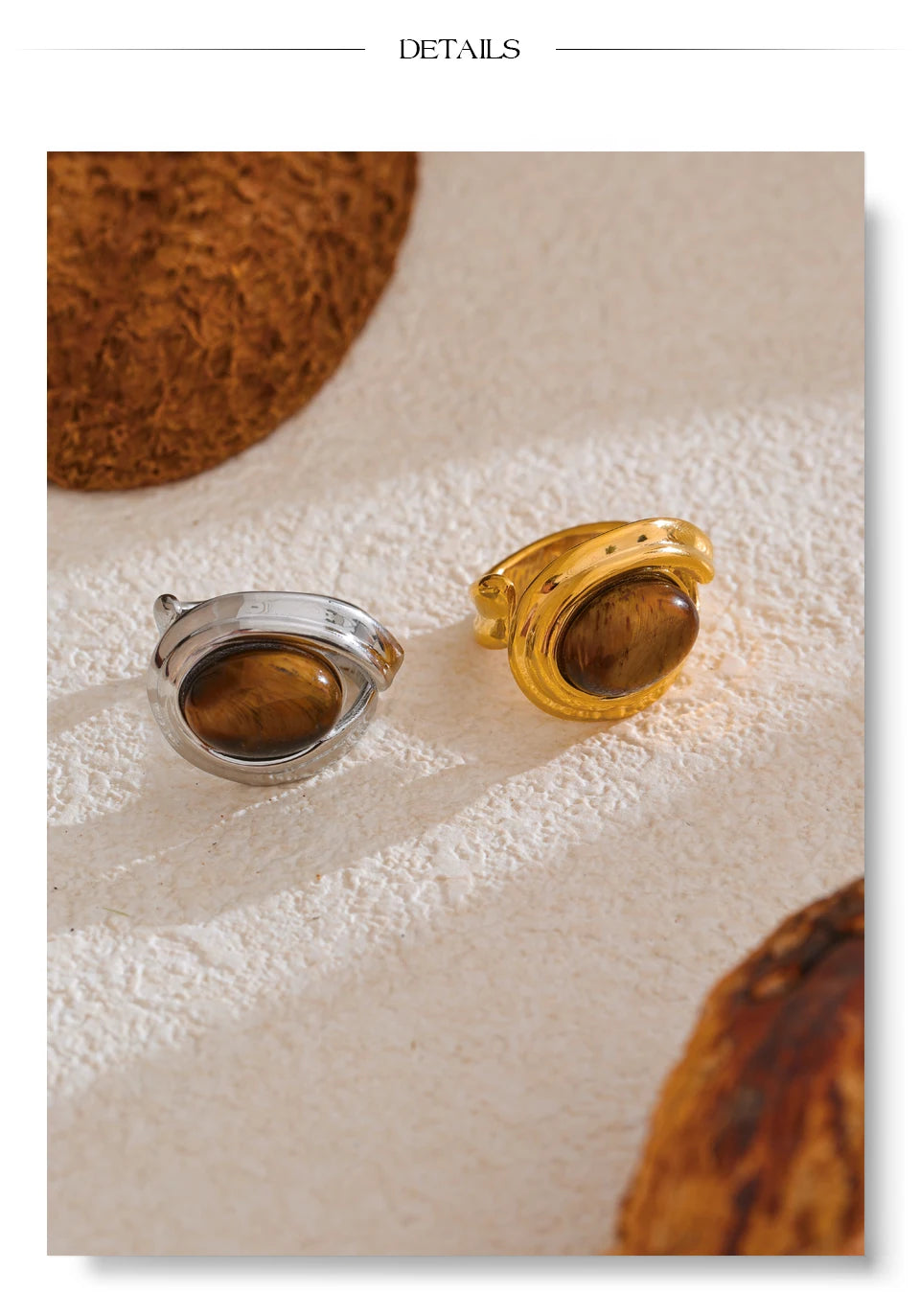 Natural stone geometric ring in gold-plated stainless steel with natural stone.