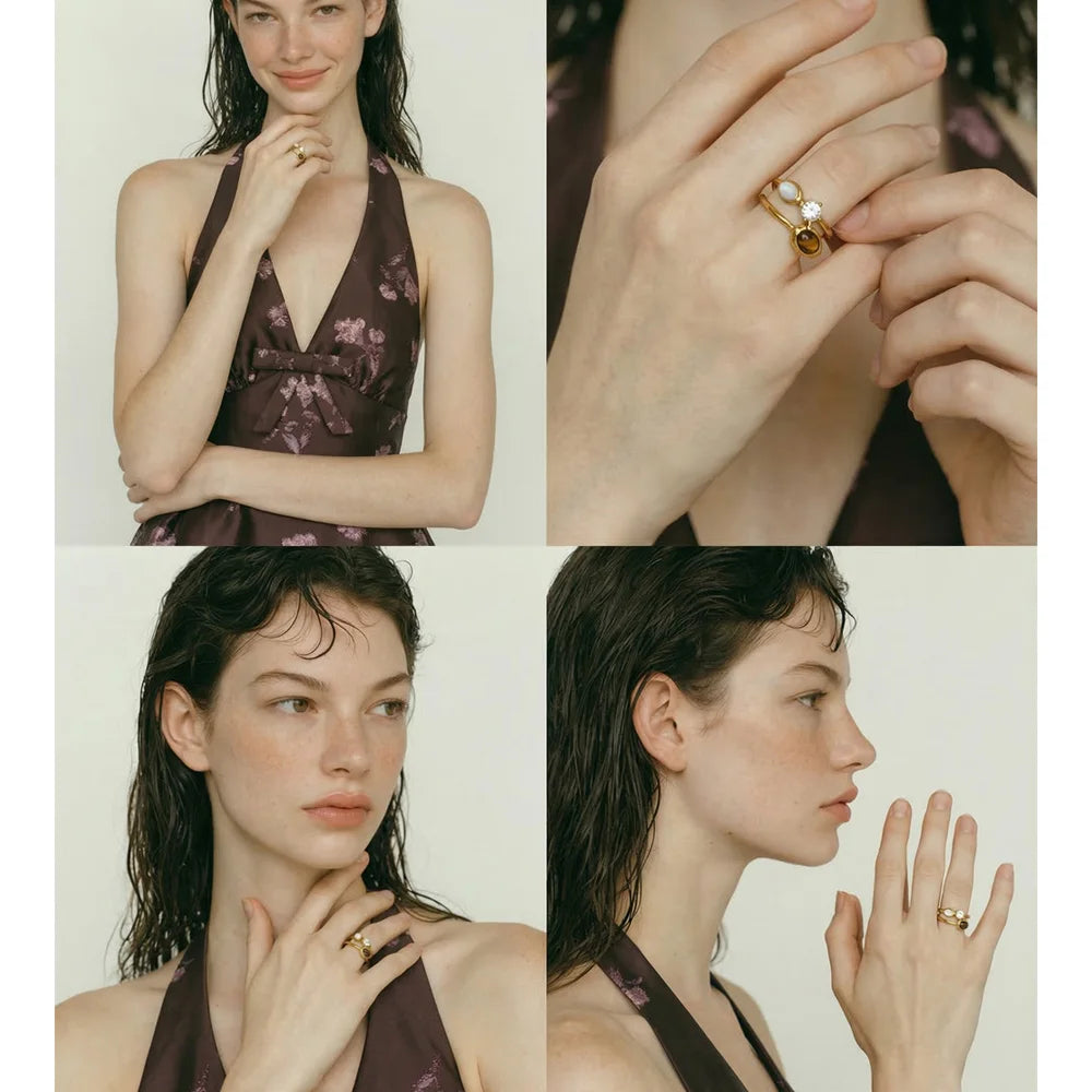 Cubic zirconia natural stone geometric ring in 18K gold-plated stainless steel with cubic zirconia and natural stone.