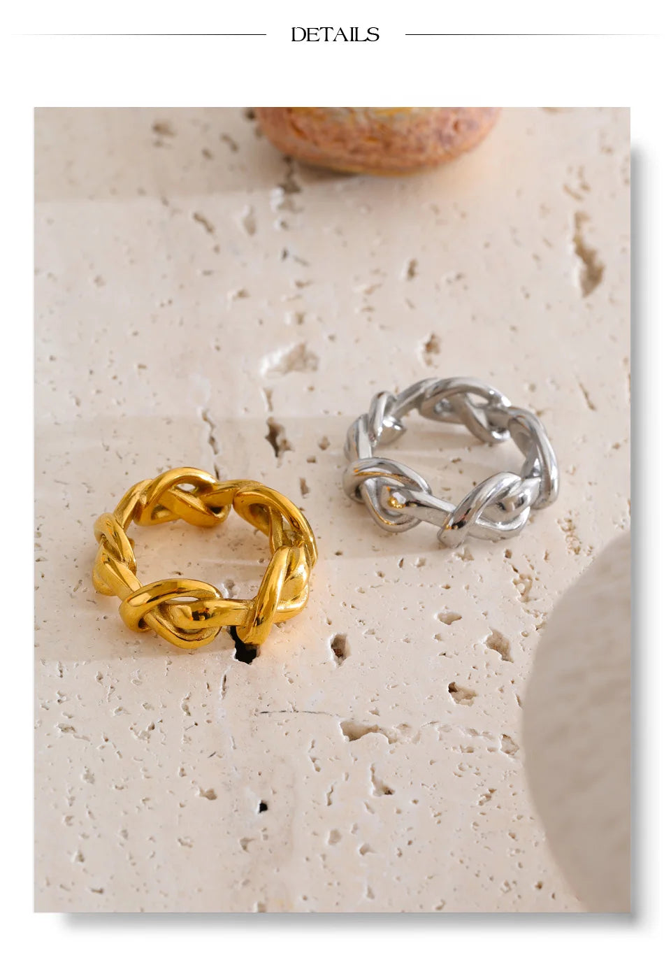 Geometric chain ring in 18K gold-plated stainless steel.