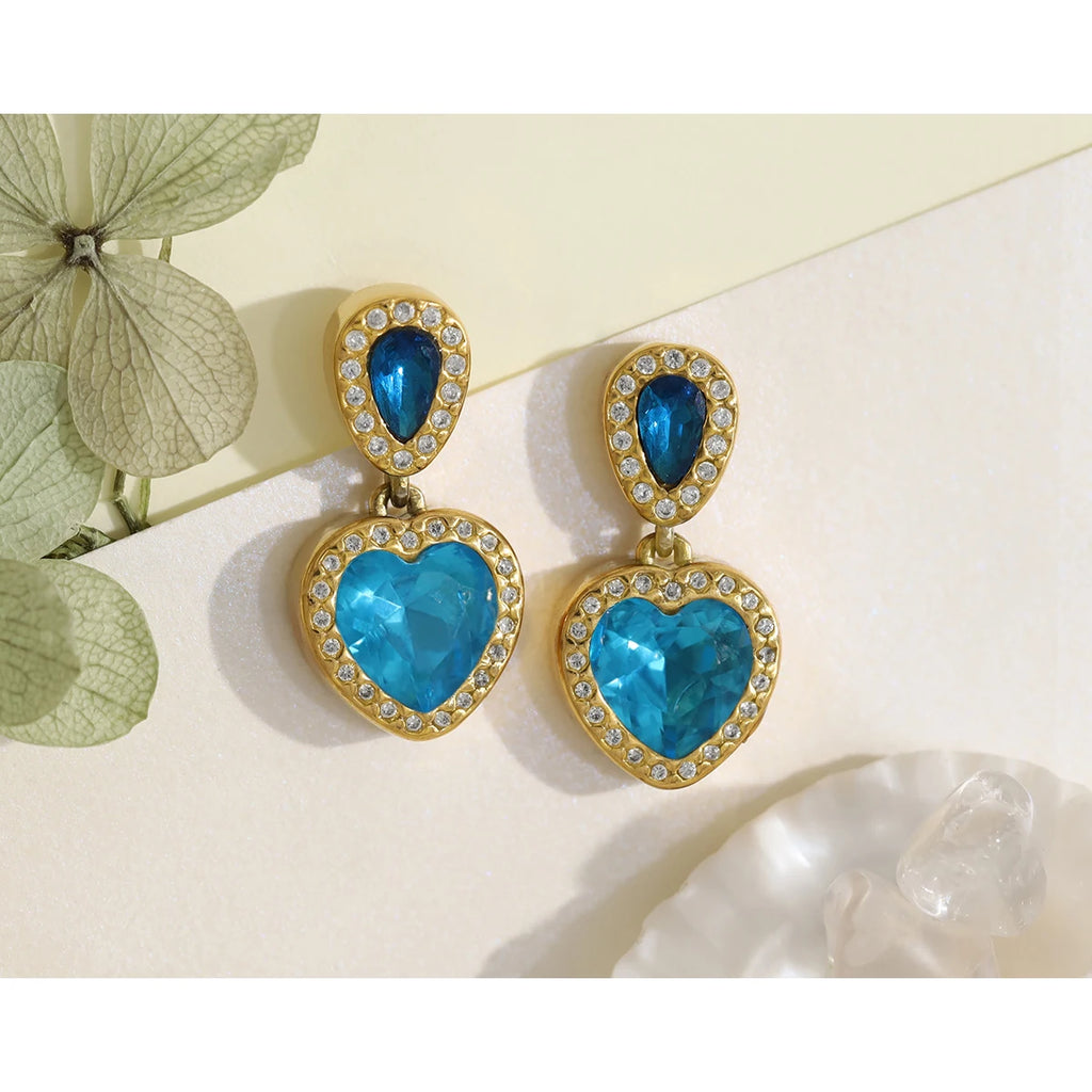 Drop Earrings Vintage Blue Crystal Heart — 316L Stainless Steel · PS466