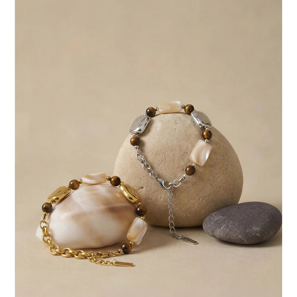 Shell Natural Stone Geometric Bracelet — Gold-Plated Stainless Steel with Natural Stone and Shell · PS1170
