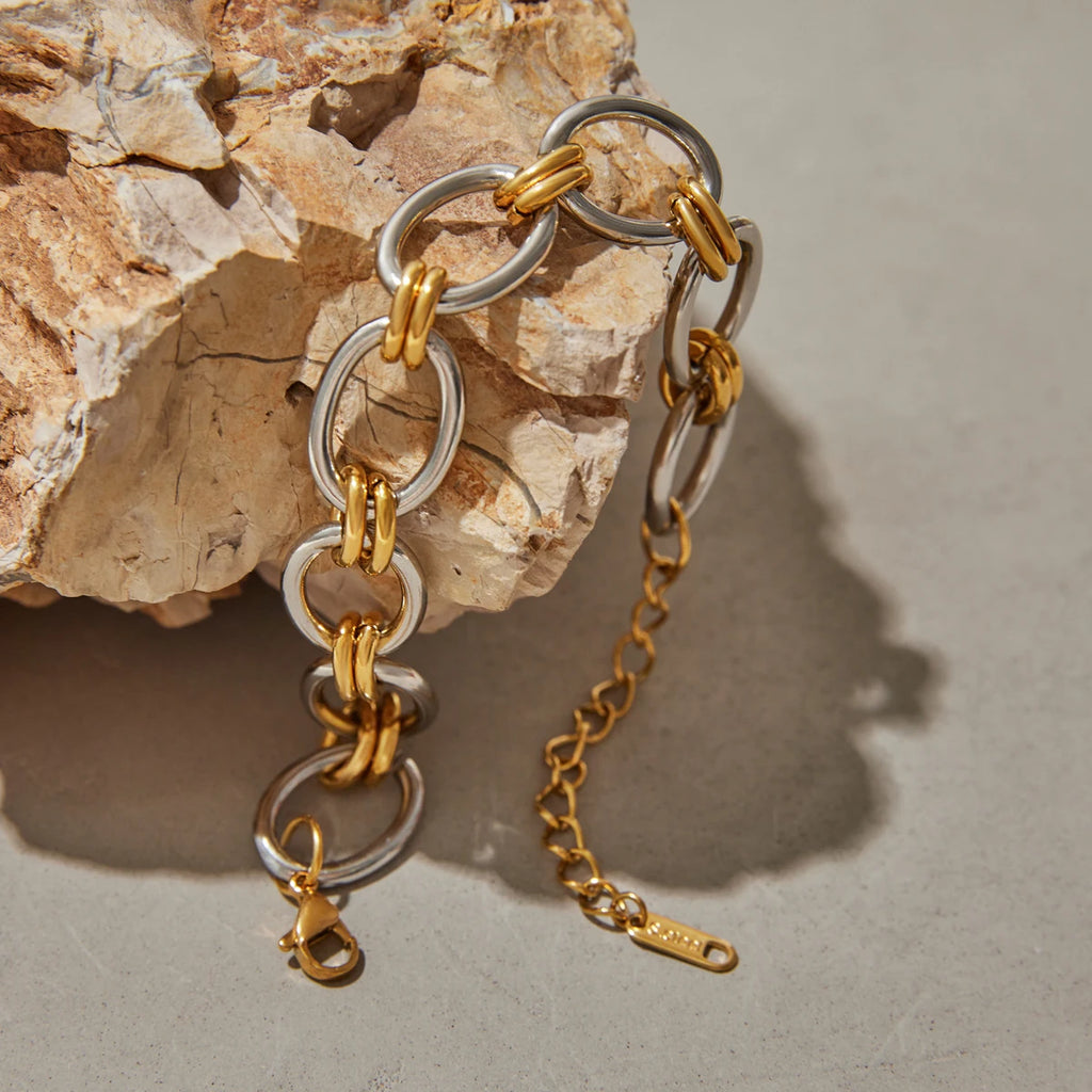 Two-Tone Pearl Chain Bracelet Stack — Stainless Steel · PS038