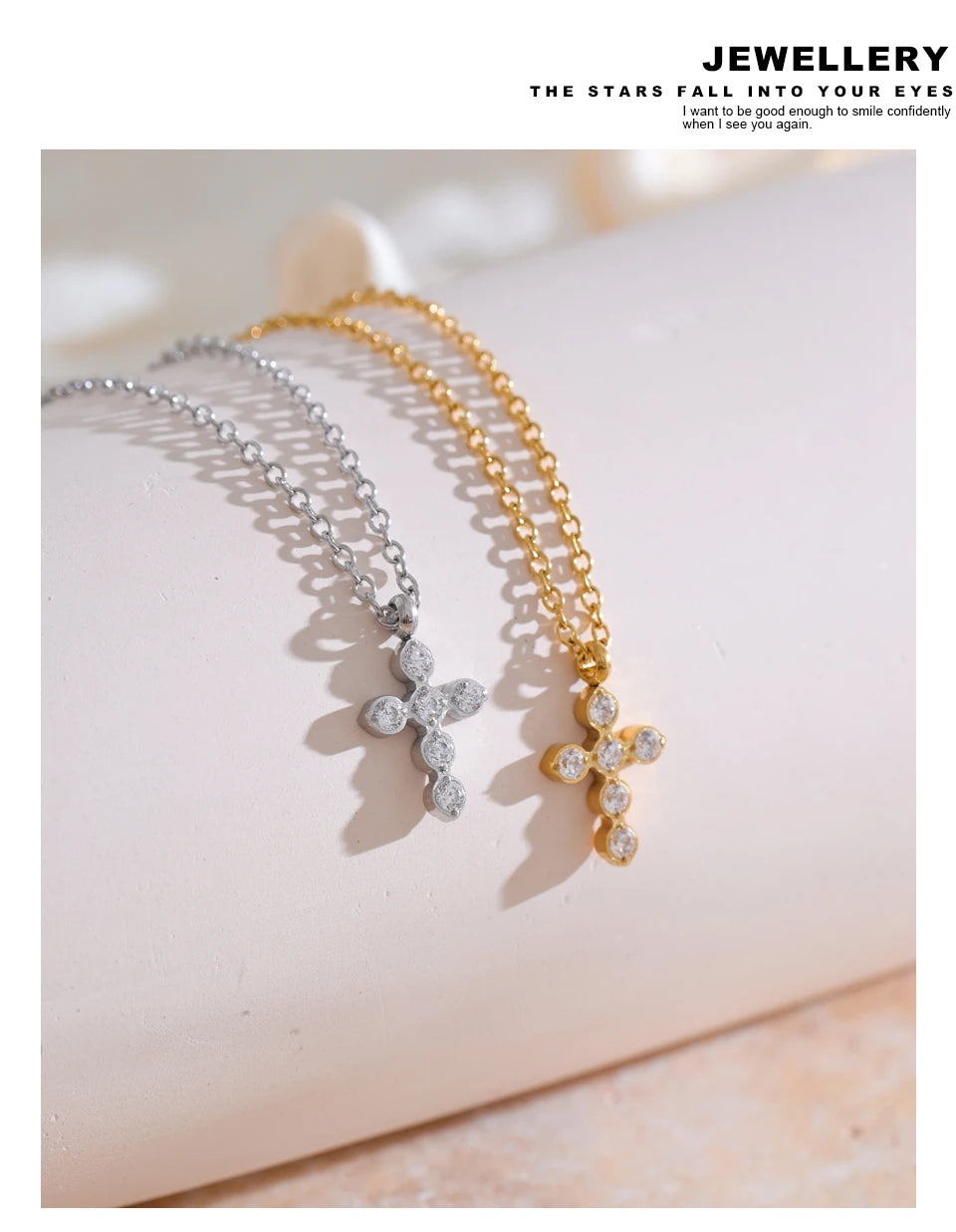Cubic zirconia cross geometric necklace in gold-plated stainless steel with cubic zirconia.