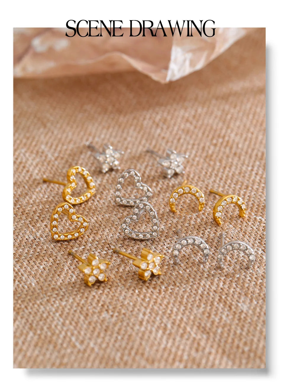 Cubic Zirconia Heart Star Earrings — Gold-Plated Stainless Steel with Cubic Zirconia · PS1112