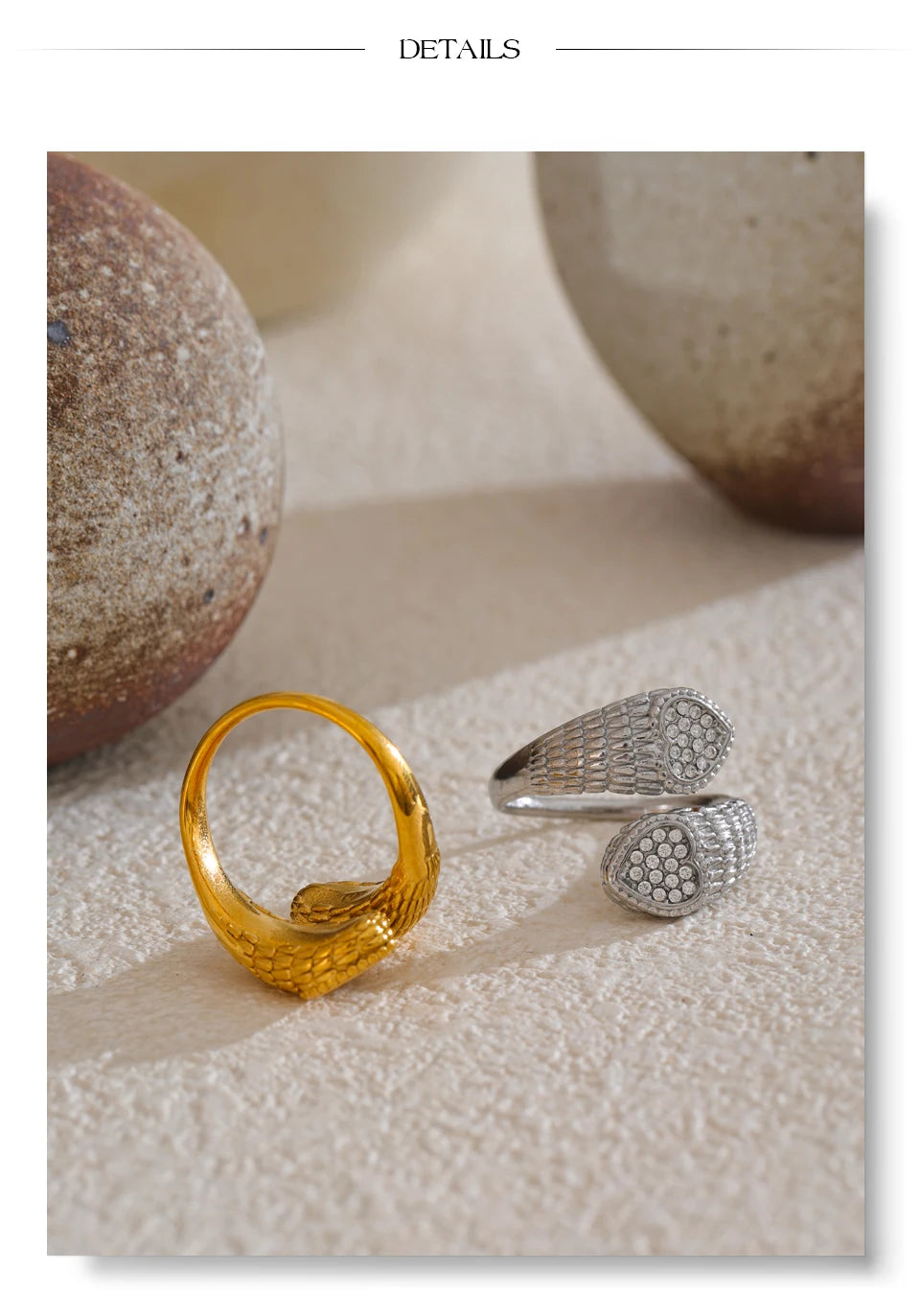 Cubic zirconia heart snake ring in gold-plated stainless steel with cubic zirconia.