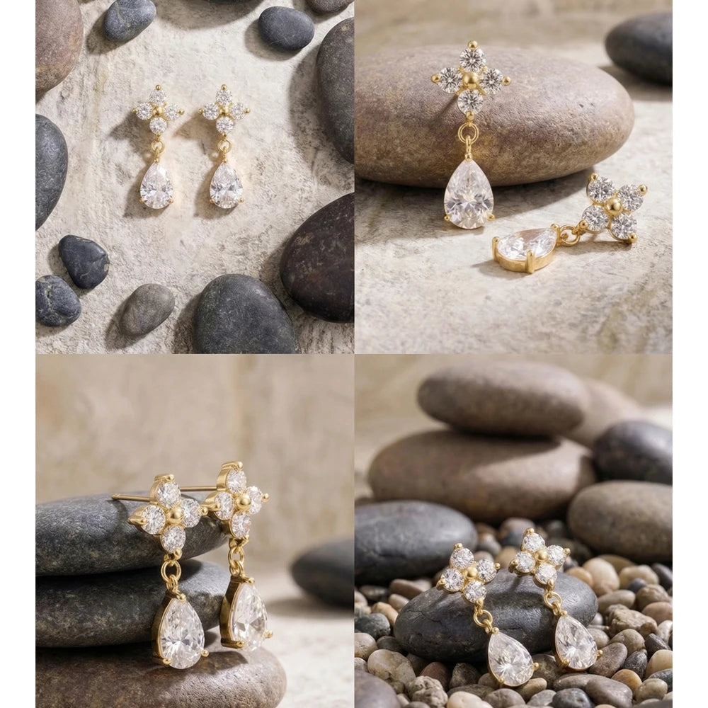 Cubic Zirconia Flower Earrings — Gold-Plated Stainless Steel with Cubic Zirconia · PS1166