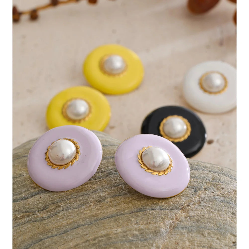 Pearl Enamel Multi-Color Earrings — Gold-Plated Stainless Steel with Pearl and Enamel · PS1521