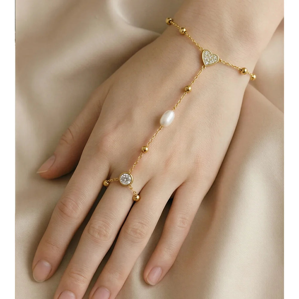 Cubic Zirconia Pearl Geometric Bracelet — Gold-Plated Stainless Steel with Pearl and Cubic Zirconia · PS1330