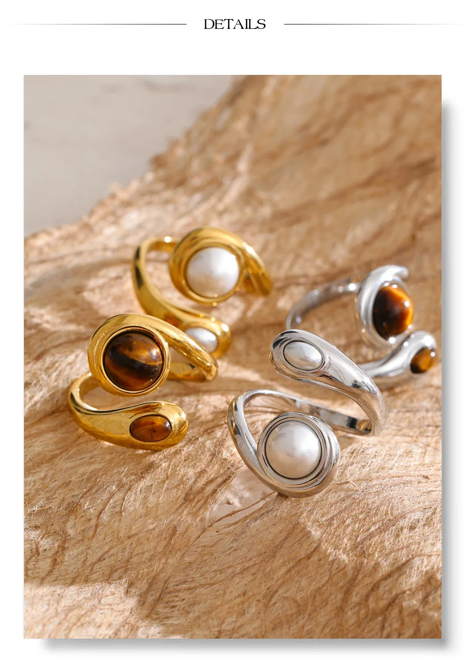 Pearl natural stone geometric ring in 18K gold-plated stainless steel with pearl and natural stone.