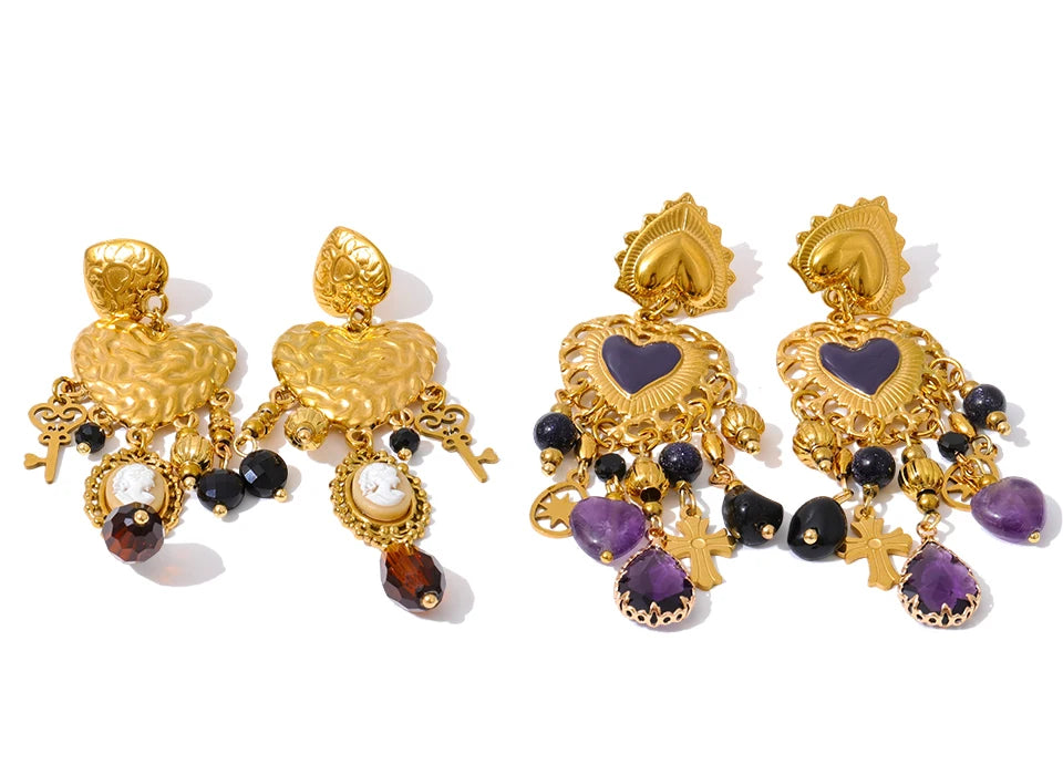 Resin Heart Cross Earrings — Gold-Plated Stainless Steel with Resin