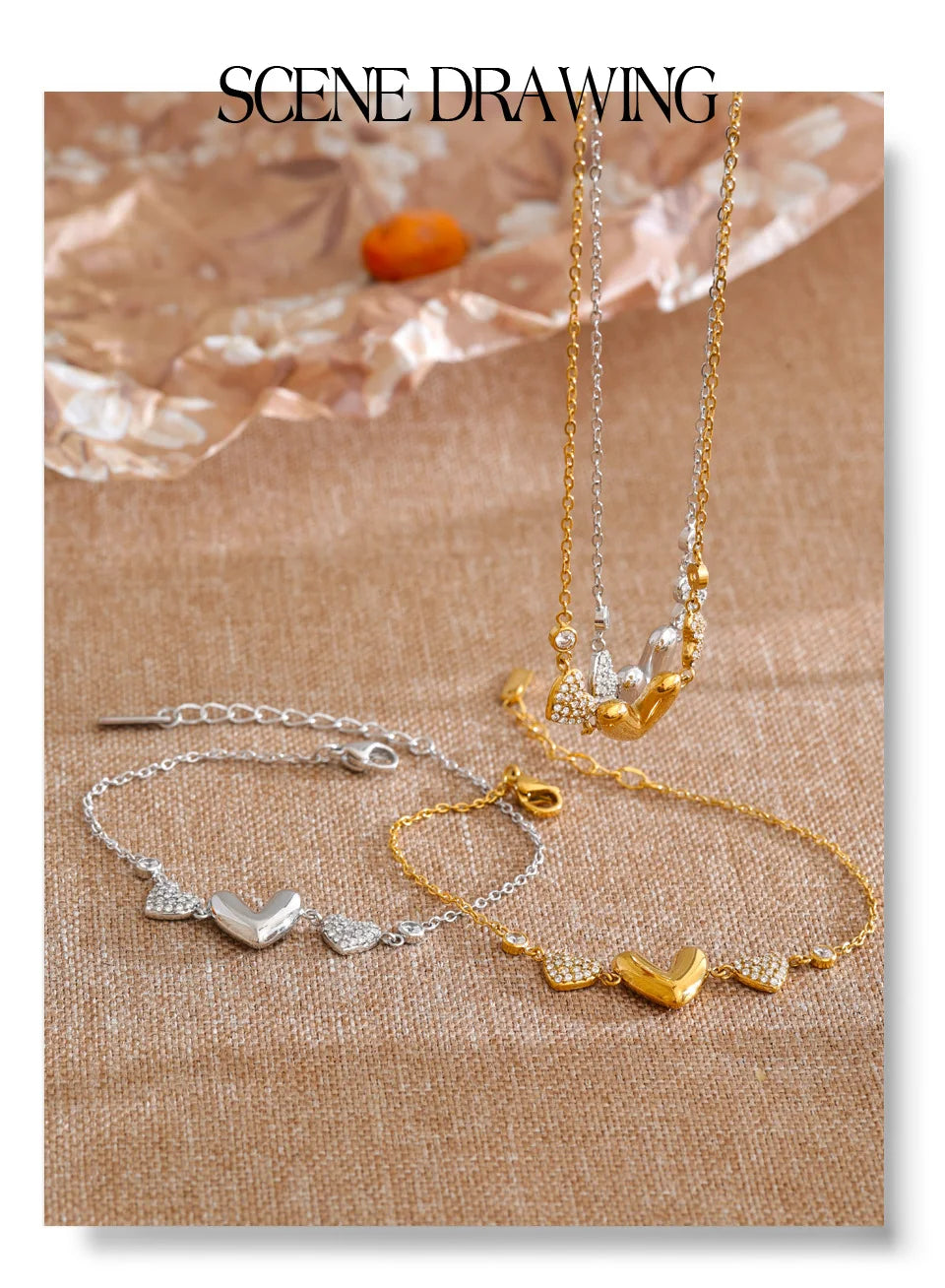 Cubic zirconia heart necklace in gold-plated stainless steel with cubic zirconia.