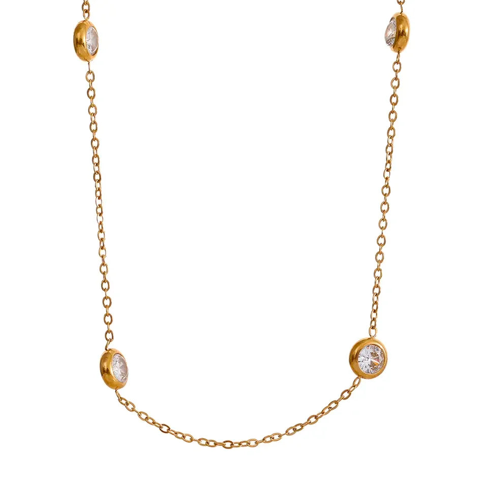 Cubic zirconia multi-color geometric necklace in gold-plated 316L stainless steel with cubic zirconia.