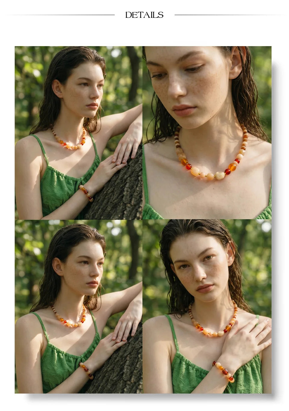 Resin acrylic beaded necklace in gold-plated stainless steel with resin and acrylic.