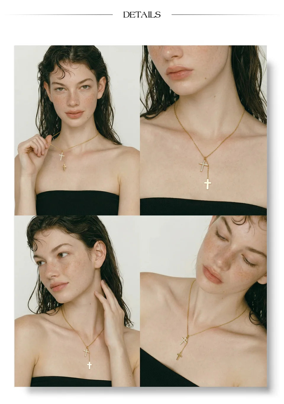 Cubic zirconia cross chain necklace in gold-plated stainless steel with cubic zirconia.